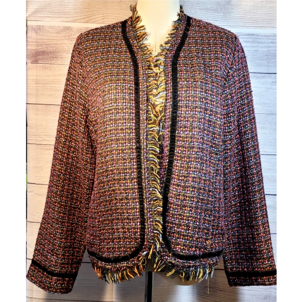 Vintage Caribe Womens Plaid Multicolor Blazer Open Front Fringe Trim Size S